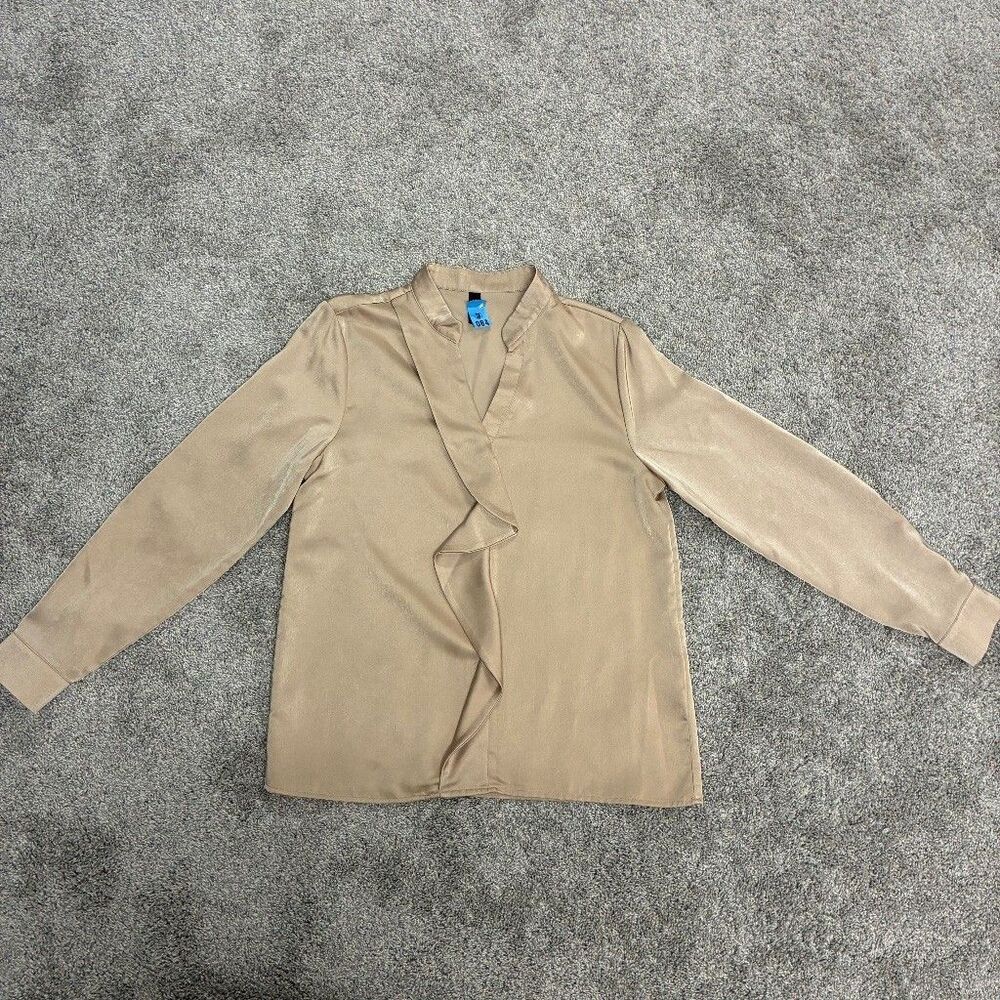 STYLEWE Satin Ruffle Front V-Neck Long Sleeve Blouse Top Women’s Small Gold Tan